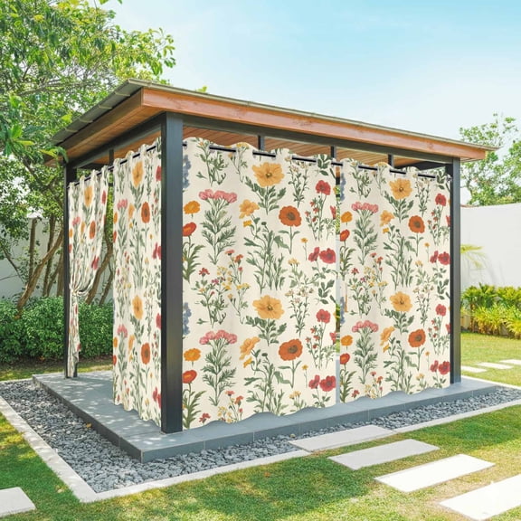 Vintage Style Outdoor Curtains for Patio Waterproof, Poppies Wildflowers Watercolor Plants Herbs Grommet Curtains for Porch Outside Privacy Drape for Gazebo Garden Pergola, 2 Panels, 54x95in