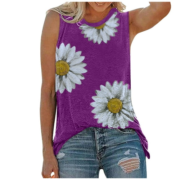 Leutsin Women Summer Tops O-neck Daisy Print Sleeveless Tank T-Shirts Graphic Blouse