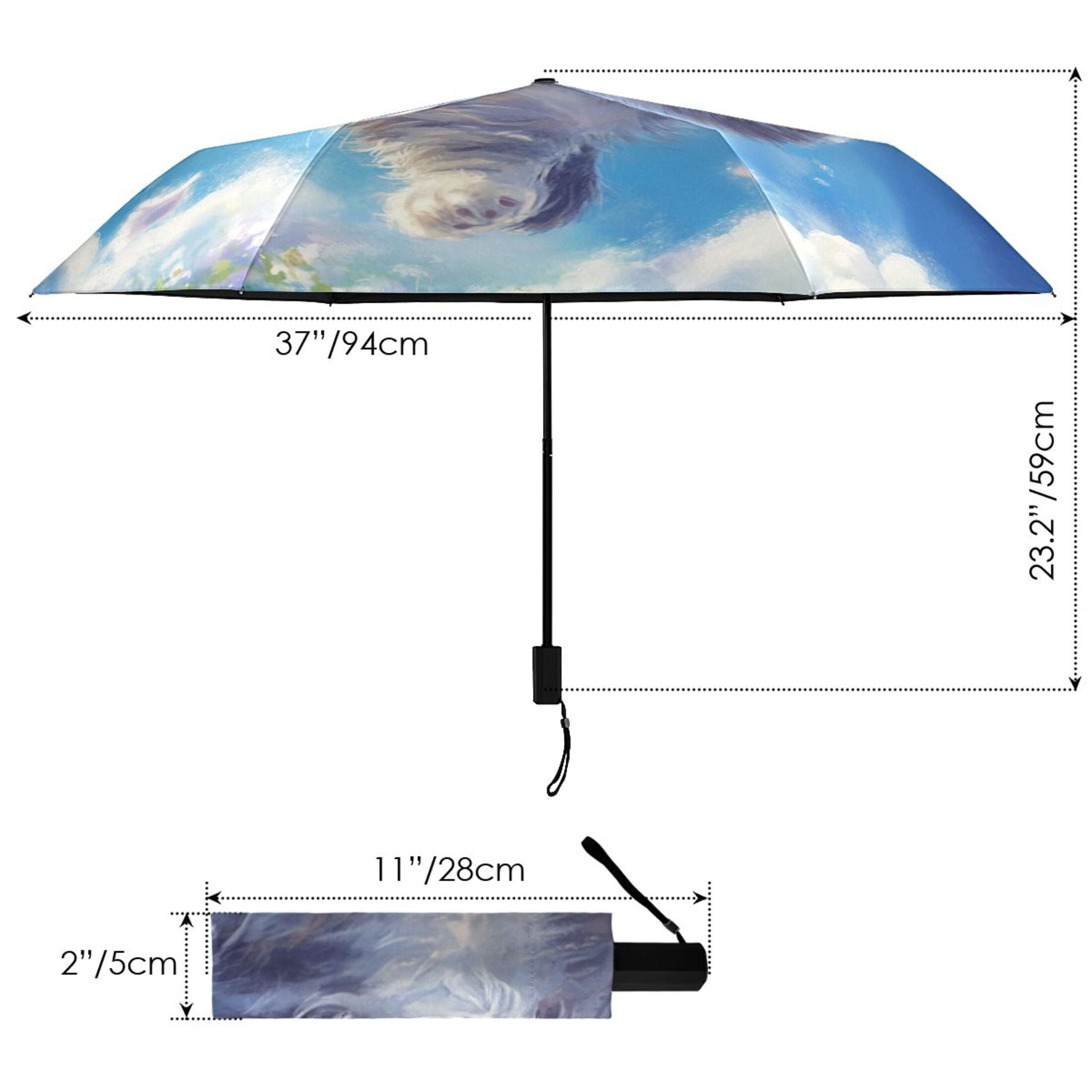 Cute Cats Flying on Floral Field All Weather Umbrella Triple Folding Parasol 6 Ribs UV Protection Portable