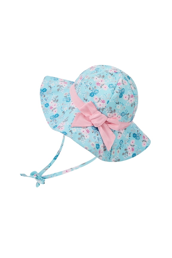 Toddler Sun Hat with Bow for Girls UPF 50+ Baby Sun Hat with UV Protection Infant Bonnet-Style Cap Blue Flower 6-12 Months