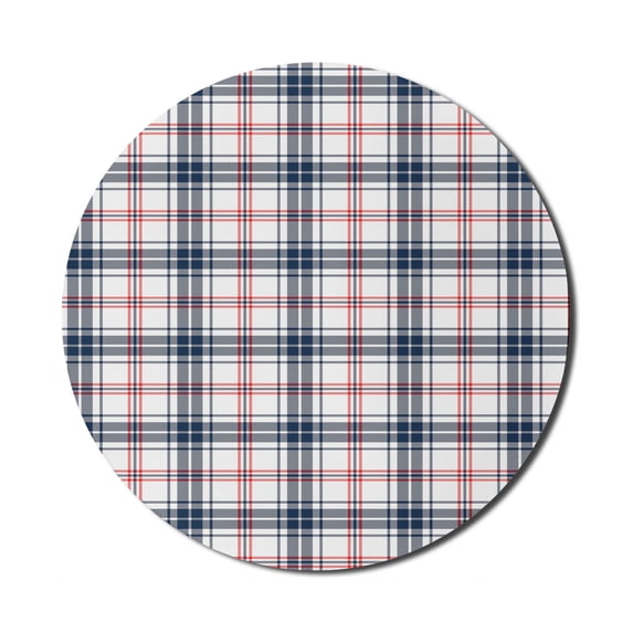 Plaid Mouse Pad for Computers, Traditional Checkered British Country Pattern with Geometric Design, Round Non-Slip Thick Rubber Modern Gaming Mousepad, 8" Round, Vermilion Navy Blue, by Ambesonne