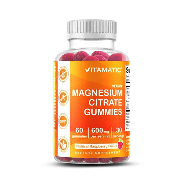 Vitamatic Magnesium Gummies 600mg per Serving - 60 Vegan Gummies - Promotes Healthy Relaxation, Muscle, Bone, & Energy Support