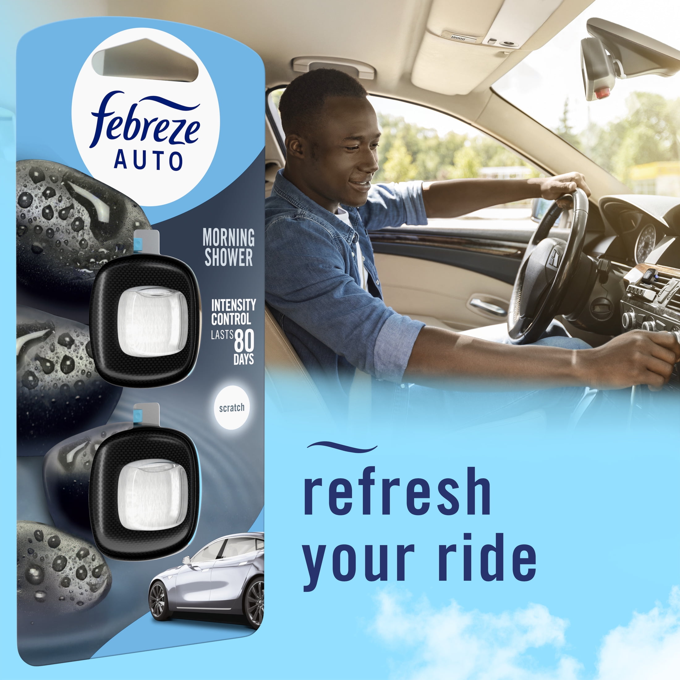 Febreze AUTO Car Air Freshener, Odor-Fighting Car Vent Clip, Morning Shower, 2 Count