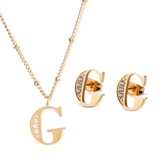 Juego Joyería Mujer, Collar Aretes Inicial Letras LuckyLy, Acero Inoxidable Baño de Oro 18k dorado UNITALLA