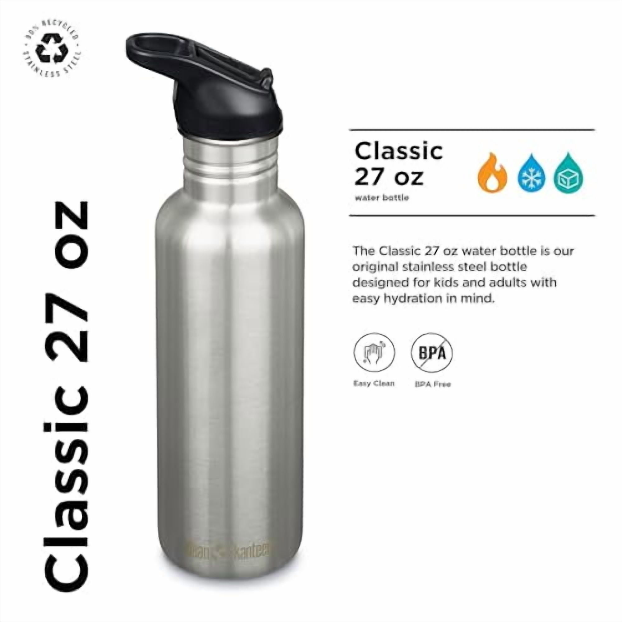 Klean Kanteen 27 oz Classic Water Bottle with Flip Seal Sport Cap & Straw - 100% Leakproof Spout & Cap - Durable, BPA-Free & Stainless Steel Material - Easy-Sip Water Bottle - Brushed