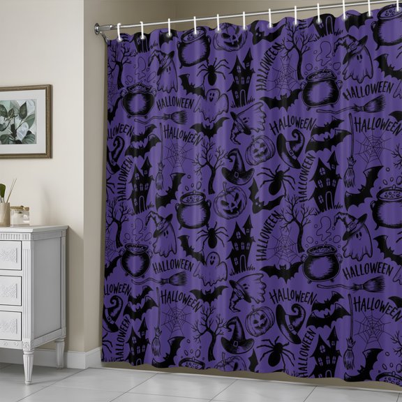 Shower Curtain, Halloween Pumpkin Bat Witch Hat Waterproof Shower Curtain Set with Hooks for Bathroom Showers,Stalls and Bathtubs,72x72in, Vintage Purple and Black