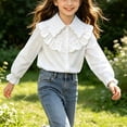 thumbnail image 5 of BRGZLK Puff Long Sleeve Shirts for Girls Solid Color Cute Lace Trim Peter Pan Collar Blouse Elegant Casual Button Down Shirt Back to School Outfits White B 5-6 Years, 5 of 6