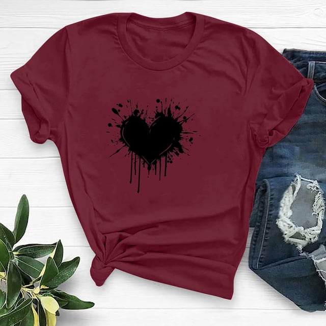Meichang Valentines Day T-Shirts Femmes Mignon Cœur Graphique T-Shirts Col Rond Coupe Ample Manches Courtes T-Shirts Mignons Saint-Valentin Couple T-Shirts