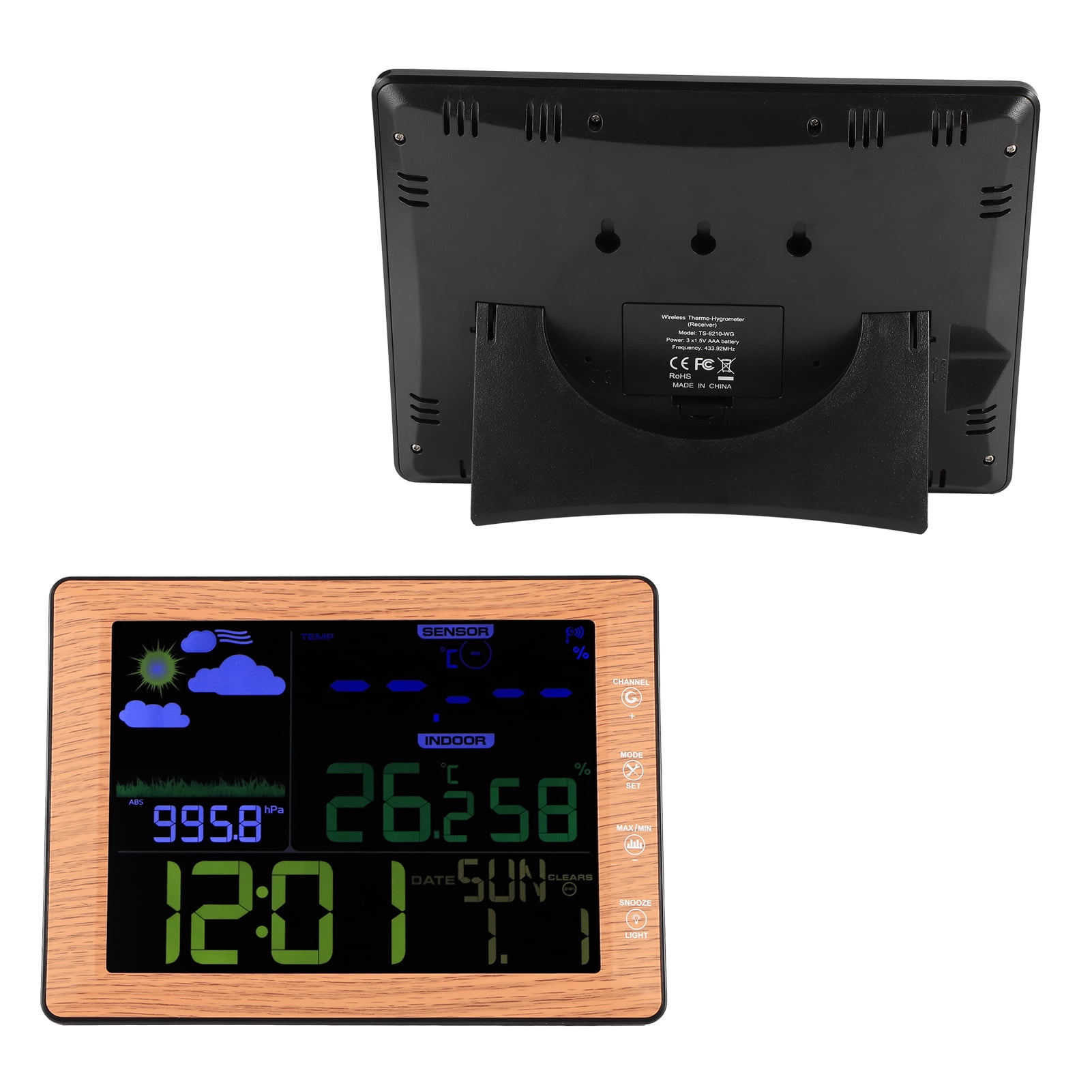 BIMZUC Wireless Weather Forecast Station Color Screen Alarm Clock Wood Color Digital Thermometer Hygrometer Indoor Outdoor Sensor, 8.5x6.3x0.8 inches / 21.5x16x2 cm