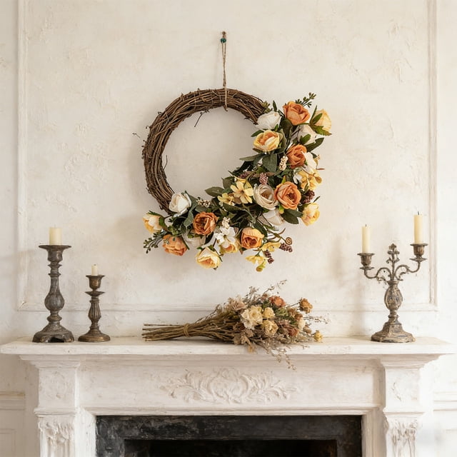 Festival Decor,17.71In Artificial Rattan Wreath Elegant Visual Effect Sturdy Structure Built-In Hook,Festive Decor for Home Door Wall Window Indoor Outdoor Festive Season Decoration Decors