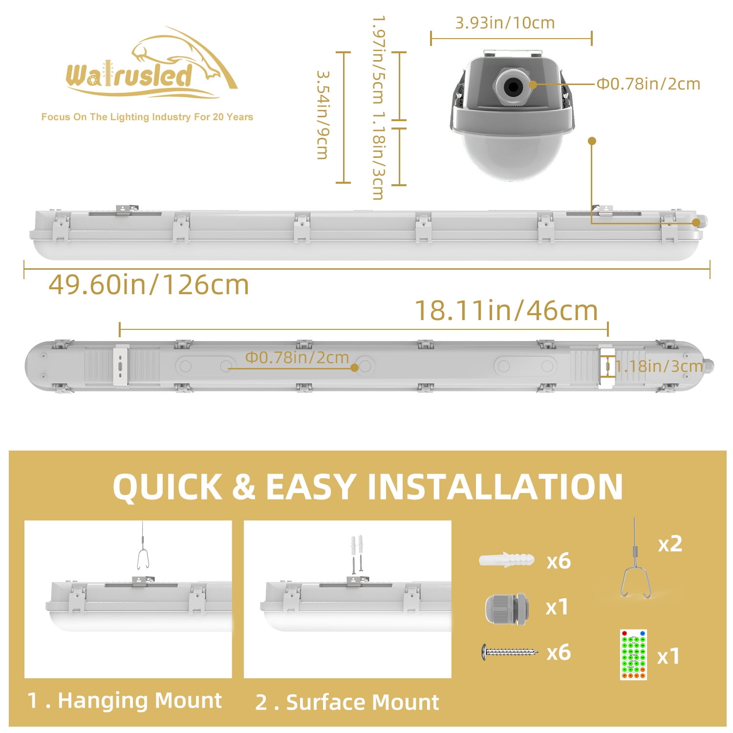4FT Tri-Level Sensor LED Vapor Tight Emergency Light w/Remote, Battery Backup IP65 40W 5000lm Waterproof LED Outdoor Shop Light, 5000K, 100-277V, 0-10V Dimmable 4 Foot Carport Vapor Proof Fixture,FCC