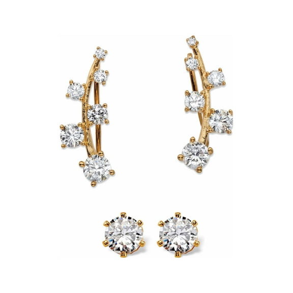 PalmBeach Jewelry 2.22 TCW Cubic Zirconia Ear Climber and Stud 2-Pair Earrings Set in Gold-Plated or Sterling Silver