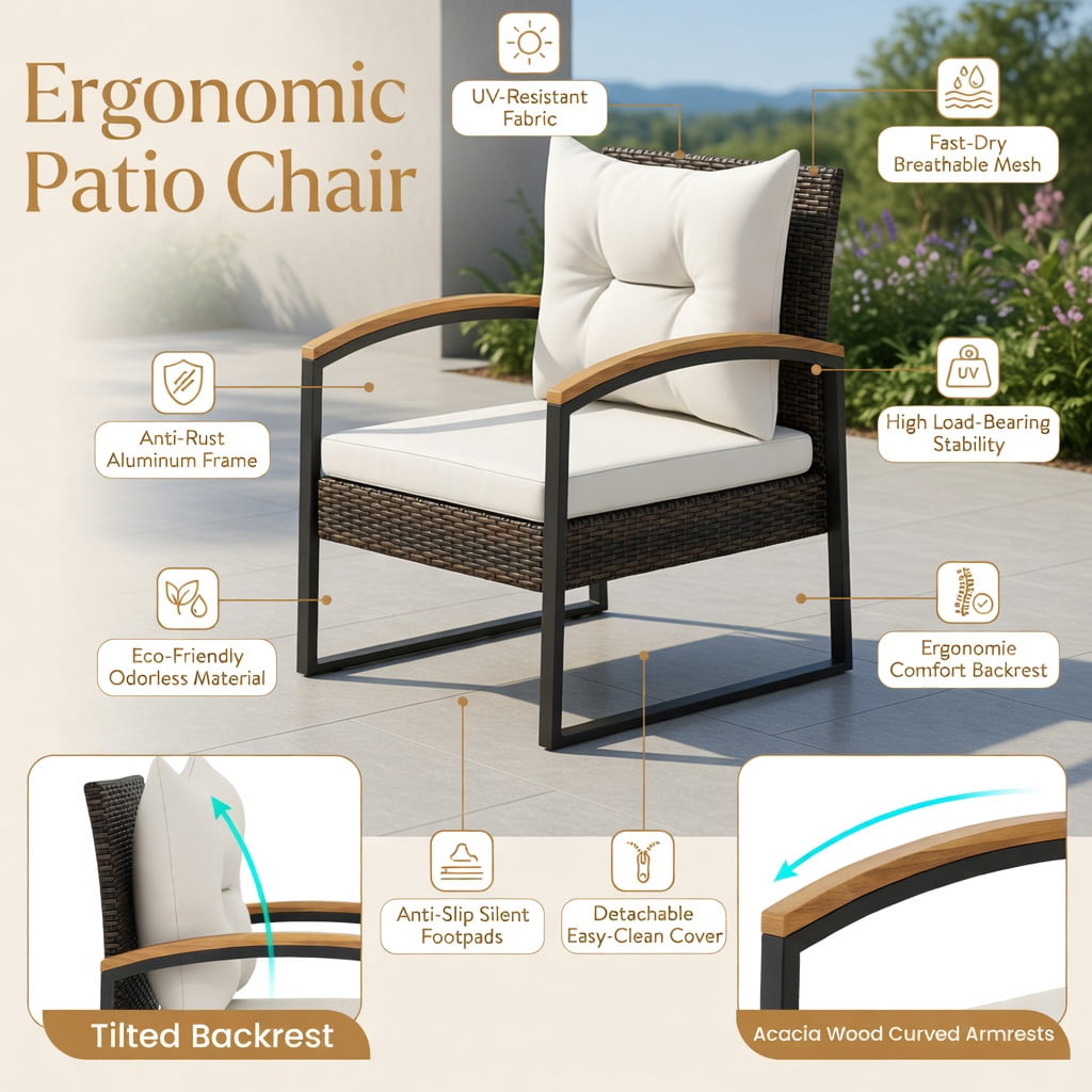 Hommoo 3-Piece Outdoor Patio Conversation Set, Acacia Wood Armrests & Tabletop, PE Rattan Chairs with Cushions, Includes Square Coffee Table, White