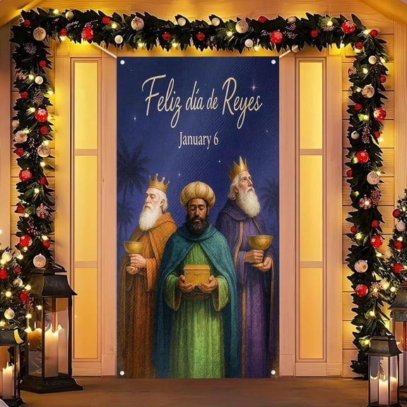 Happy Three Kings Day Door Cover 71x35 Inch Front Porch Door Banners Decoration Winter Three Wise Men Star Scene for Sign Party Indoor Decor