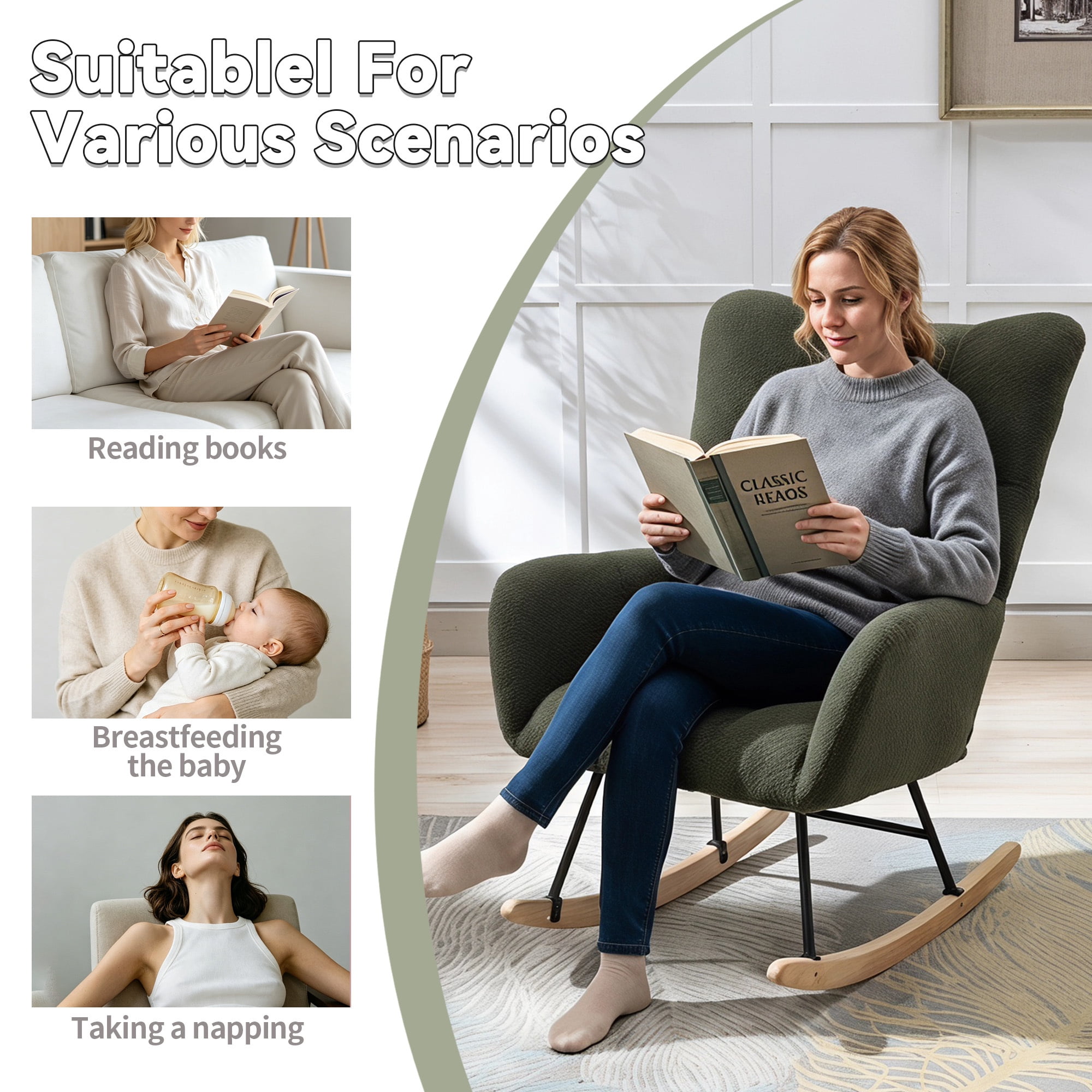 Leumius Rocking Chair Nursery,Teddy Upholstered Glider Rocker with High Backrest,Modern Rocking Accent Chairs Glider Recliner for Living Room, Nursery, Bedroom,Dark Green