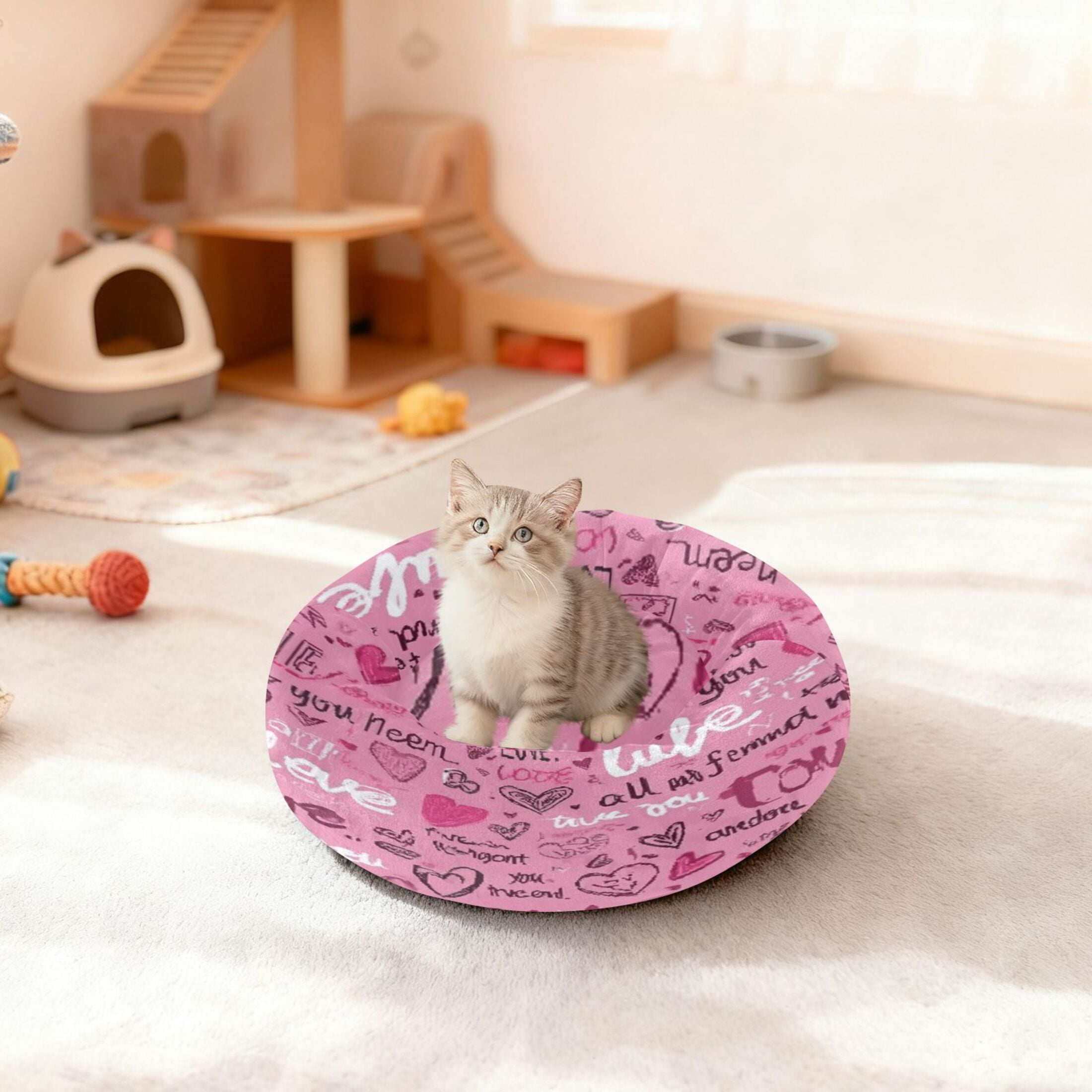 Iauyy Pet Couch Donut Cat Bed for Indoor Cats/Small Dogs Washable & Machine with Non-slip Bottom Calming Cat Furniture, Written in Color (M)