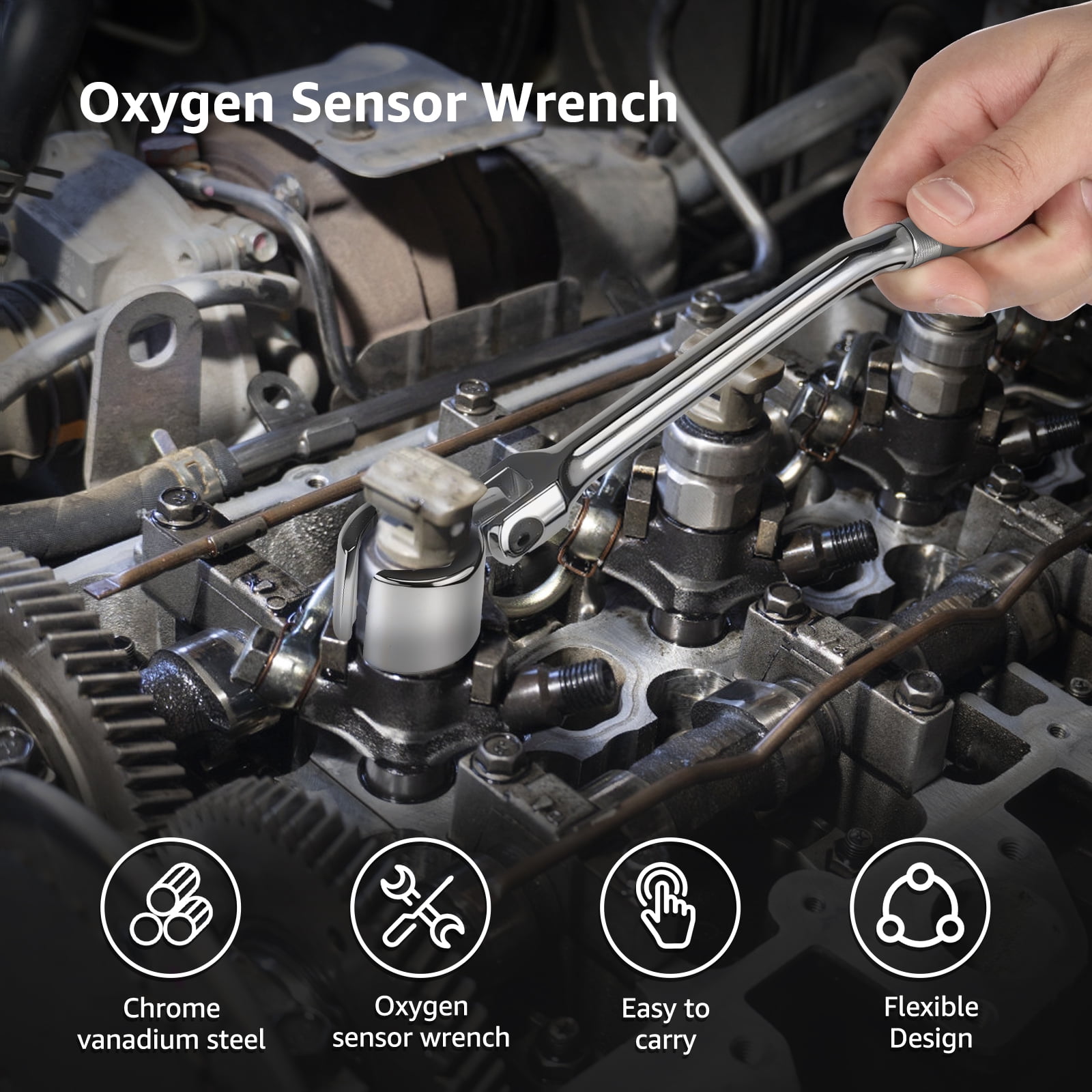 22mm O2 Oxygen Sensor Wrench Contour Handle Flexible Head Chrome Vanadium Steel Socket Tool (silver )