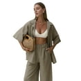 thumbnail image 2 of Women'S 2 Piece Outfits Solid Color Long Sleeve Linen Pants Suit Shirt Wide Leg Tracksuit Casual Straight Khaki L, 2 of 7