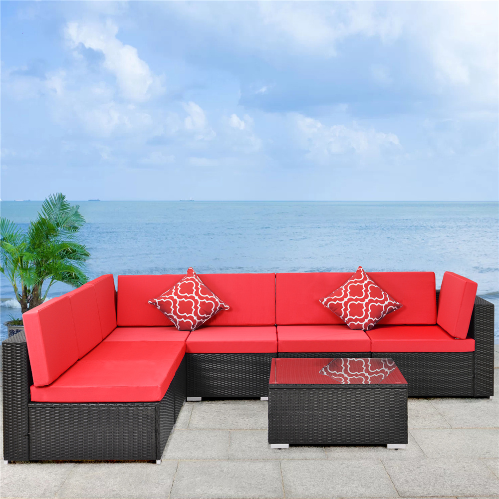 Patio Furniture Sofa Set, 7 Piece Outdoor Conversation Sets with 6 Rattan Wicker Chairs, Glass Coffee Table, All-Weather Patio Sectional Sofa Set with Red Cushions for Backyard, Garden, LLL1511 - image 1 of 8