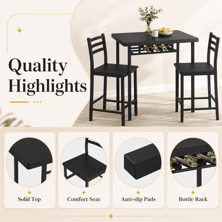 Lacoo 3 Piece Dining Table Set for 2, Small Kitchen Table and 2 Chairs, Space Saving Dining Room Table Set for Apartment, Breakfast Nook, Black