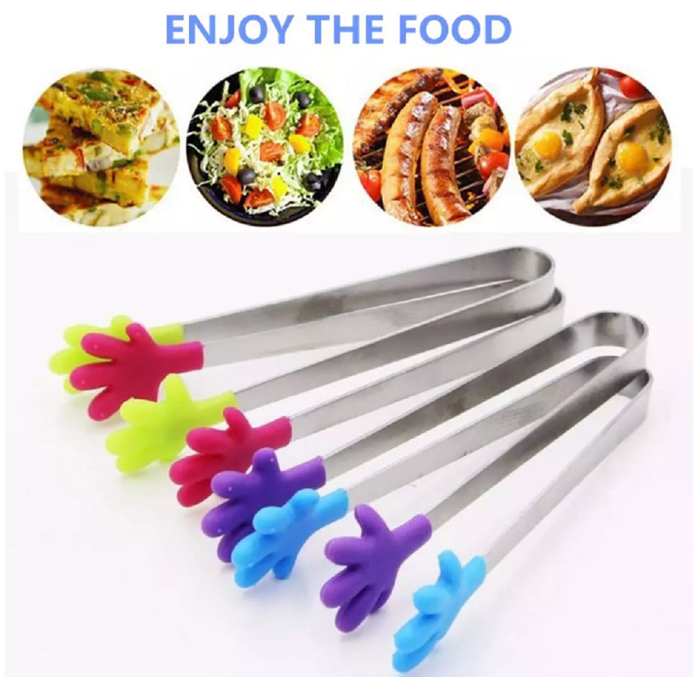 SJENERT 5 Inch Hand Shape Silicone Tongs Small Tiny Kitchen Tongs Stainless  Steel Food Tongs Mini Silicone Serving Tongs for Sugar Ice Salad Buffet
