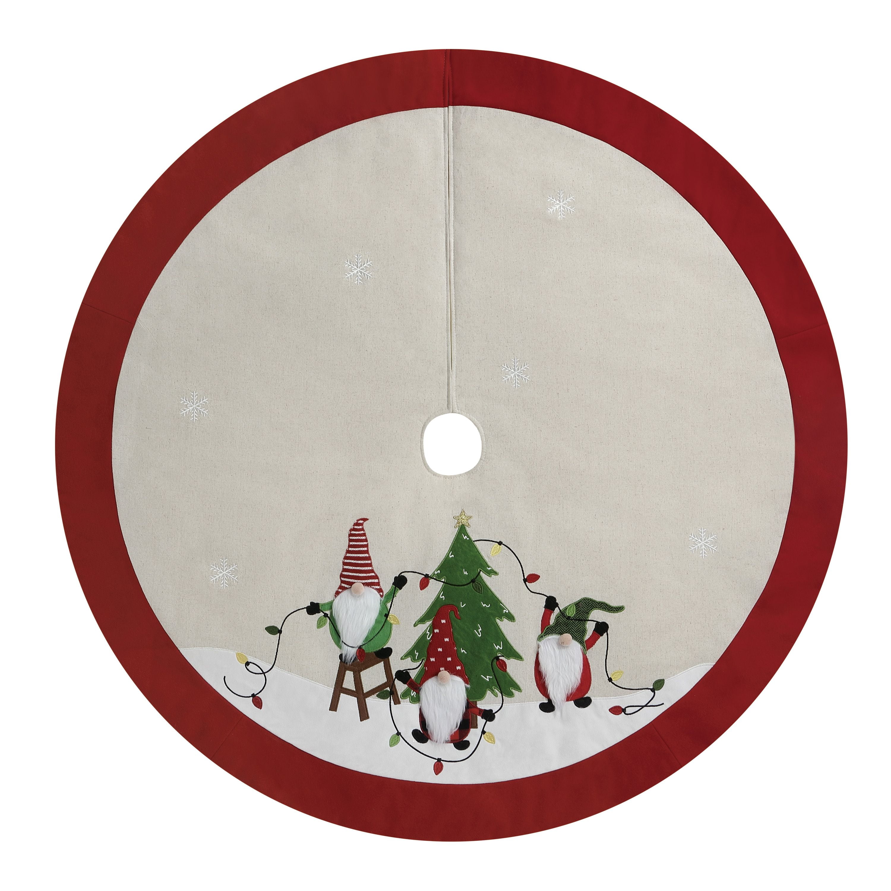 Holiday Time Linen Light Chain Gnome Christmas Decoration Tree Skirt,  Natural Background Color With Red Trim, 48inch Diameter 