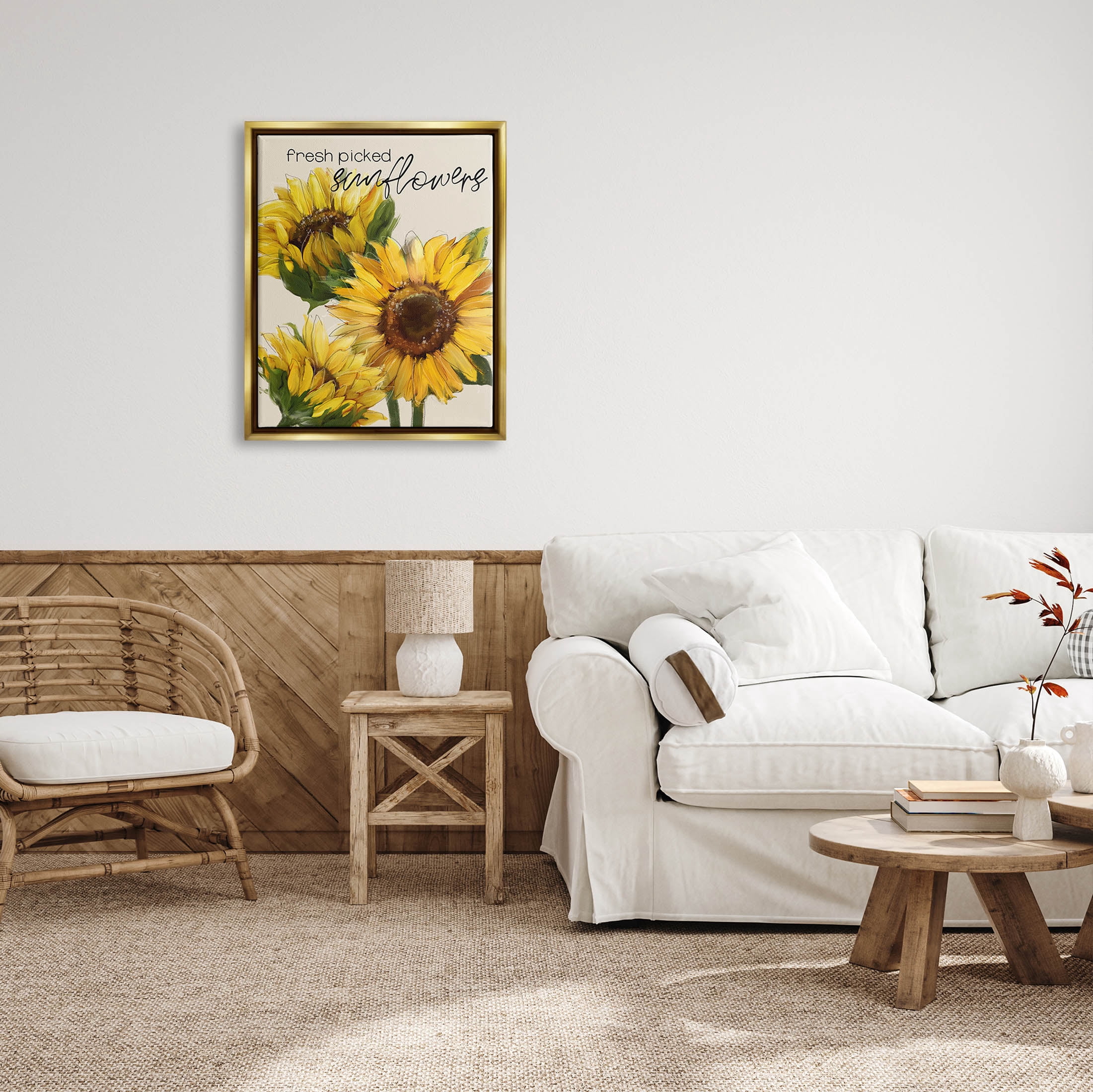 Stupell Industries Fresh Picked Sunflowers Typography Graphic Art Metallic Gold Floating Framed Canvas Print Wall Art, Design by Conrad Knutsen