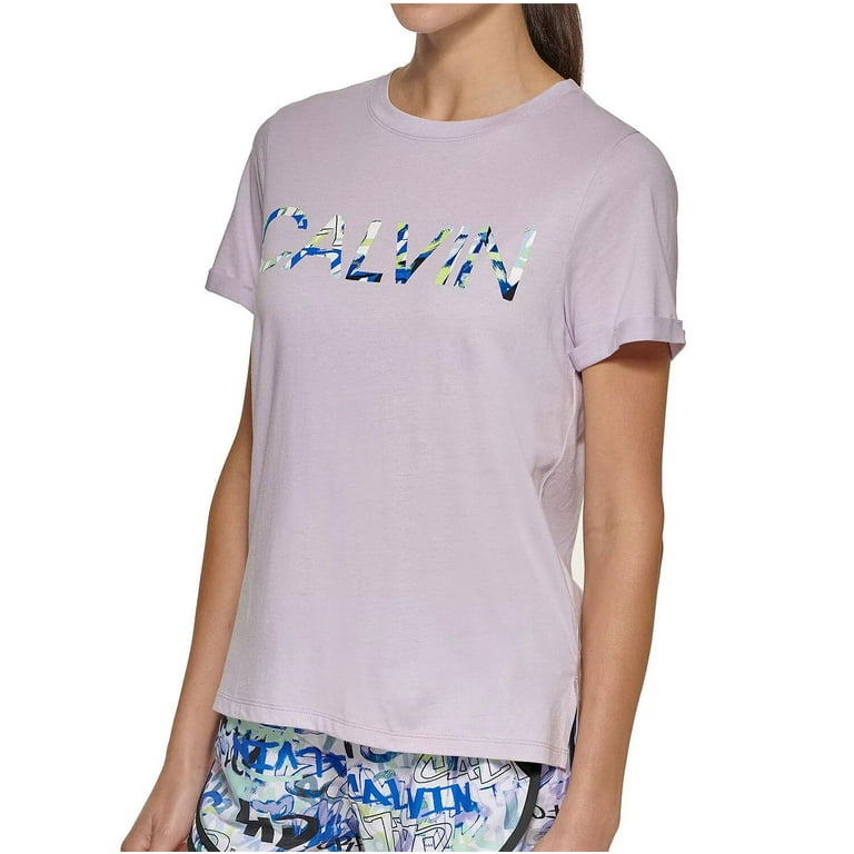 Calvin Klein Women's Soft Crew Neck Rolled Sleeve Graphic Logo T-shirt  (City Tag Orchid, XS) 