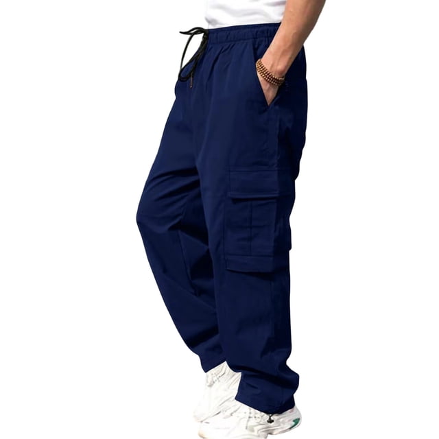 NTACZA Straight Leg Mens Pants Track Blue Cargo Work Pants Drawstring Loose Elastic Waist Men Trousers M