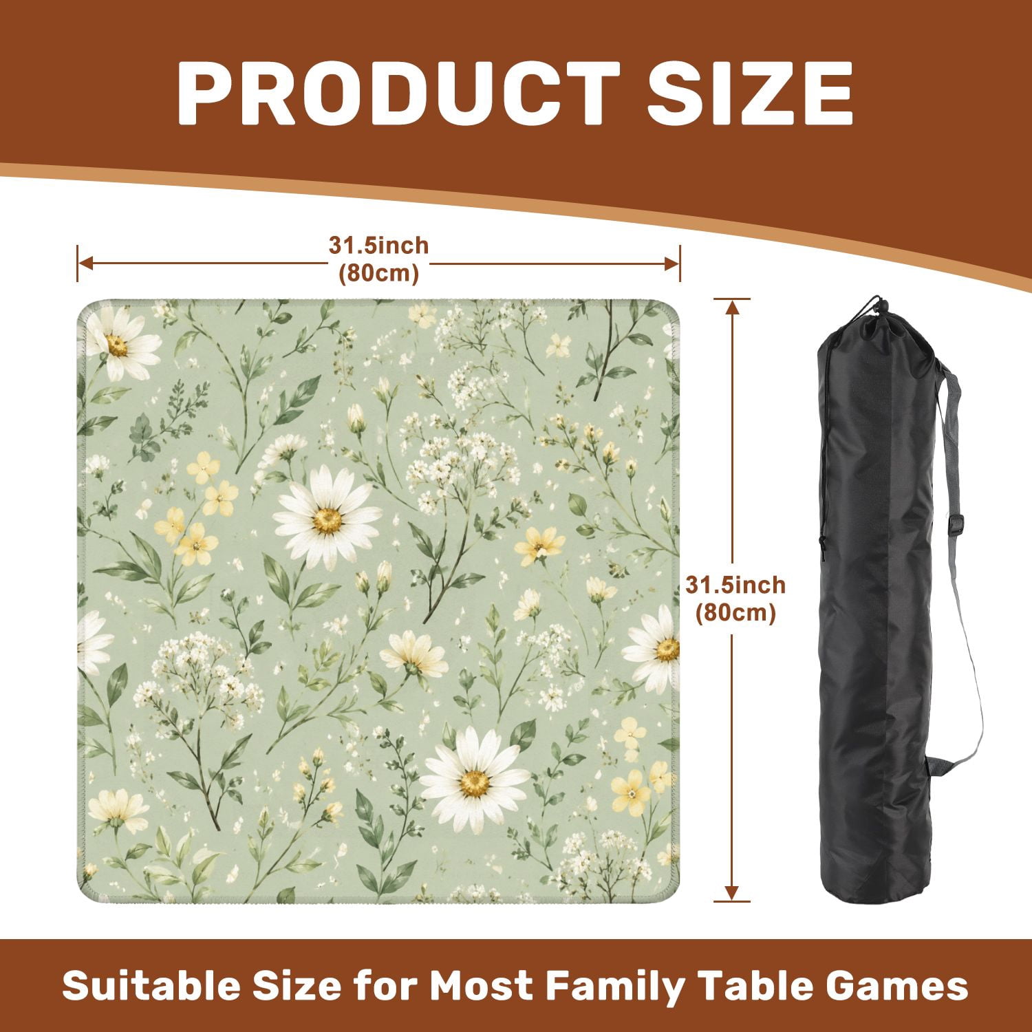Mahjong Mat 31.5" x 31.5" Floral Daisy Wildflowers Pastel Green Non-Slip Noise Reduction American Mahjong Tiles Table Cover for Dominoes Poker Card Board Games Gift