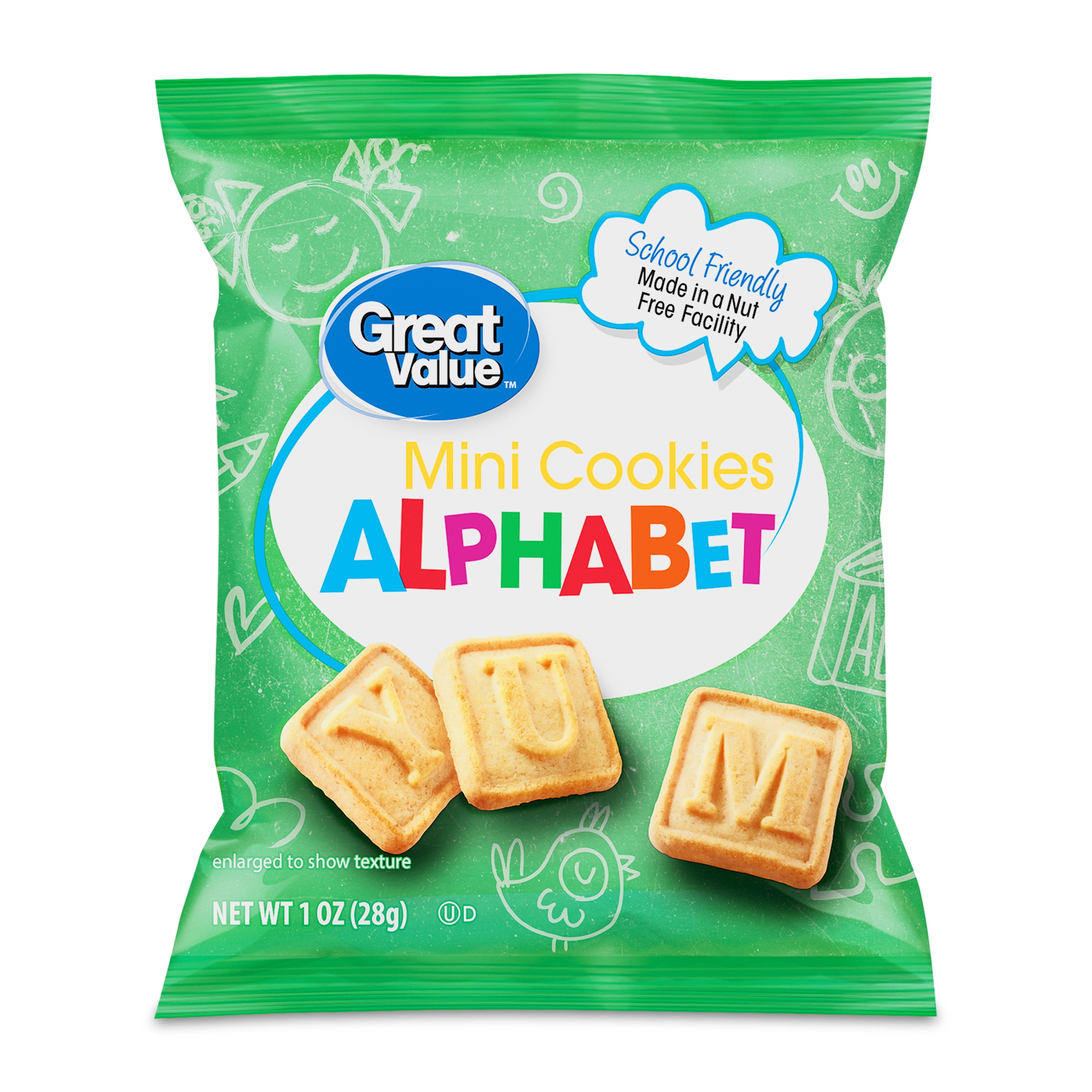 (4 pack) Great Value Mini Alphabet Cookies, 1 oz, 30 Snack Packs