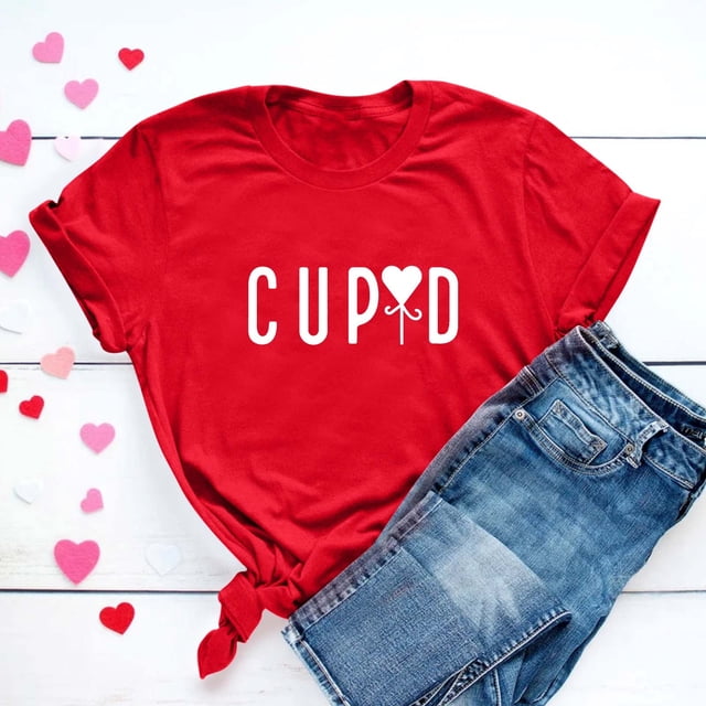 KIHOUT Hauts de Mode pour Femmes Saint-Valentin T-shirt à Manches Courtes Imprimé Amour Couleur Unie Haut à Manches Courtes Col Rond, Taille p-3TG