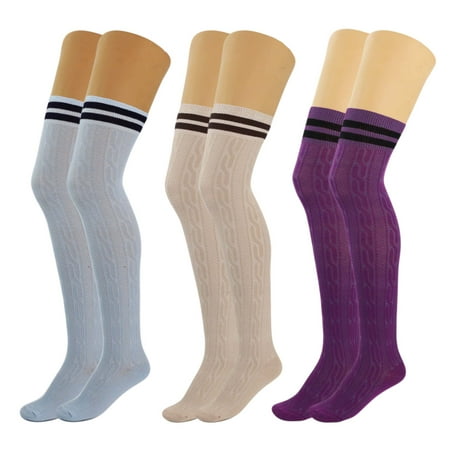 

Colorful Thigh High Over The Knee Knitted Socks for Women 3 Pairs - (Light Blue-Beige-Purple)