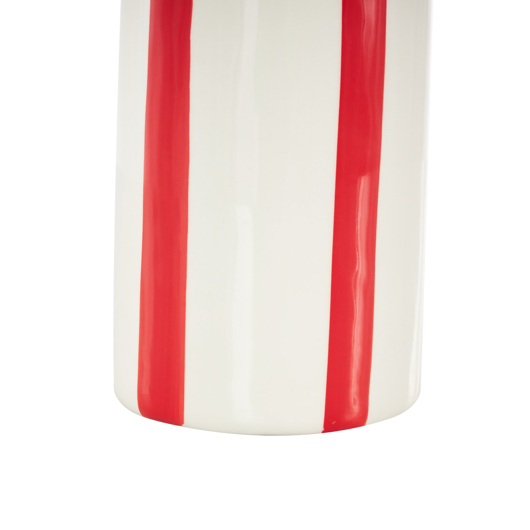 DecMode 12" Round Red Ceramic Vase with White Vertical Stripes