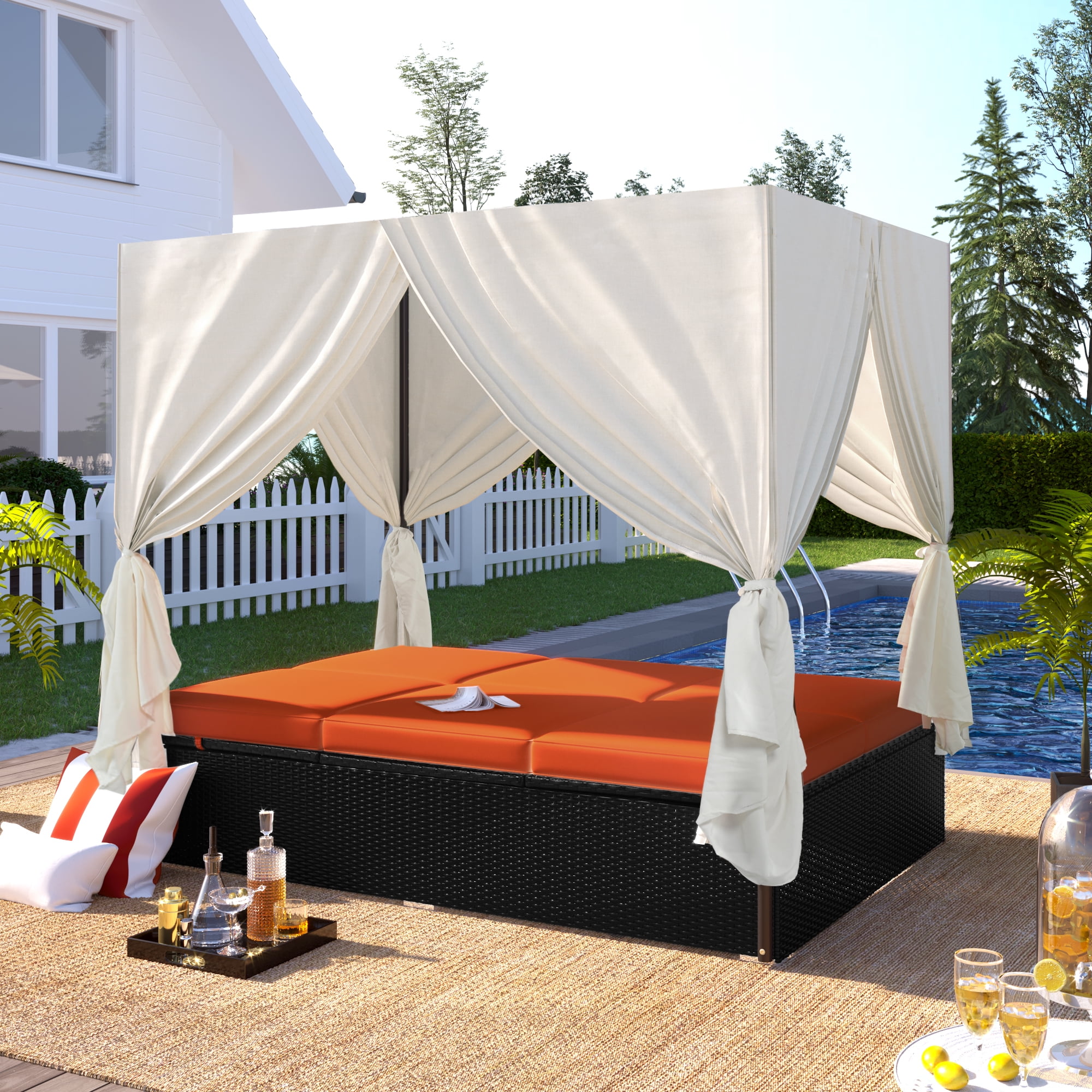YIORTWO Outdoor Double Chaise Lounge Daybed with Curtains, Adjustable Backrest & Footrest, Steel Frame Loveseat Sofa for Backyard Poolside, Orange