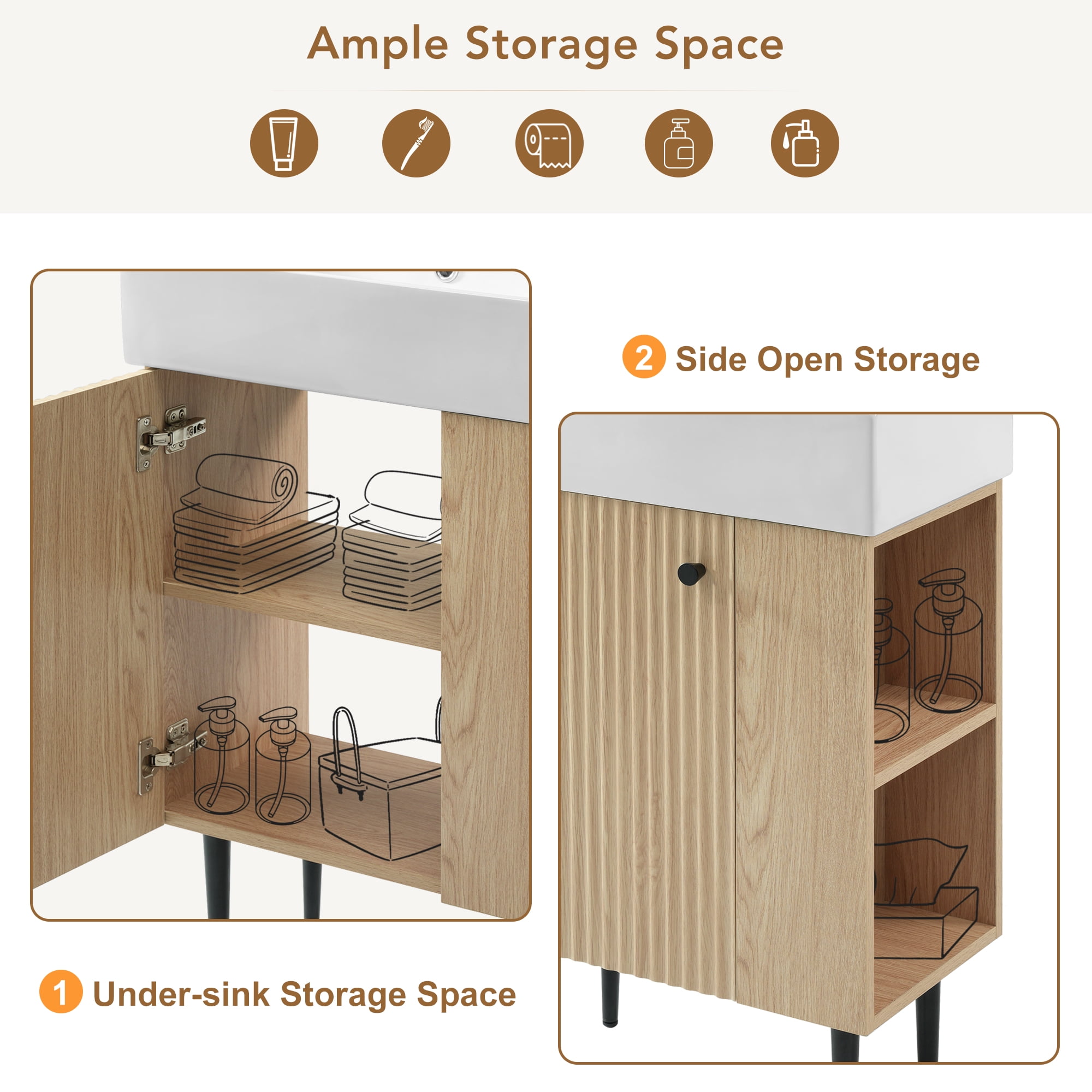 Euroco 21.6" Wood Bathroom vanity, Combo Cabinet, Bathroom Storage Cabinet, Single Ceramic Sink, Right side storage
