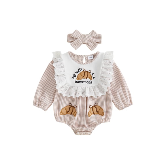 Cjfdfy Newborn Baby Girl Thanksgiving Romper My Rolls Are Homemade Long Sleeves Gingham Bodysuits With Lace Ruffle Trim and Headband 2pcs Baby Take Home Outfit 0-18M 