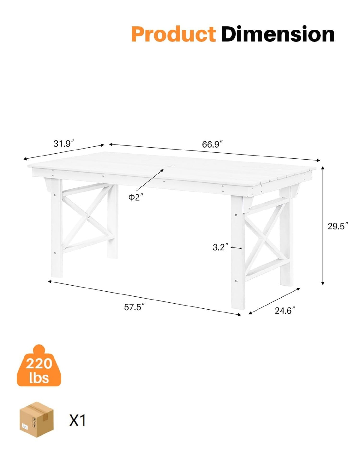 HDPE Outdoor Dining Table for 6, 66.9" Rectangular Patio Dining Table with 2.2" Umbrella Hole, All-Weather Outdoor Table for Backyard, Deck, Garden, Poolside, Pearl