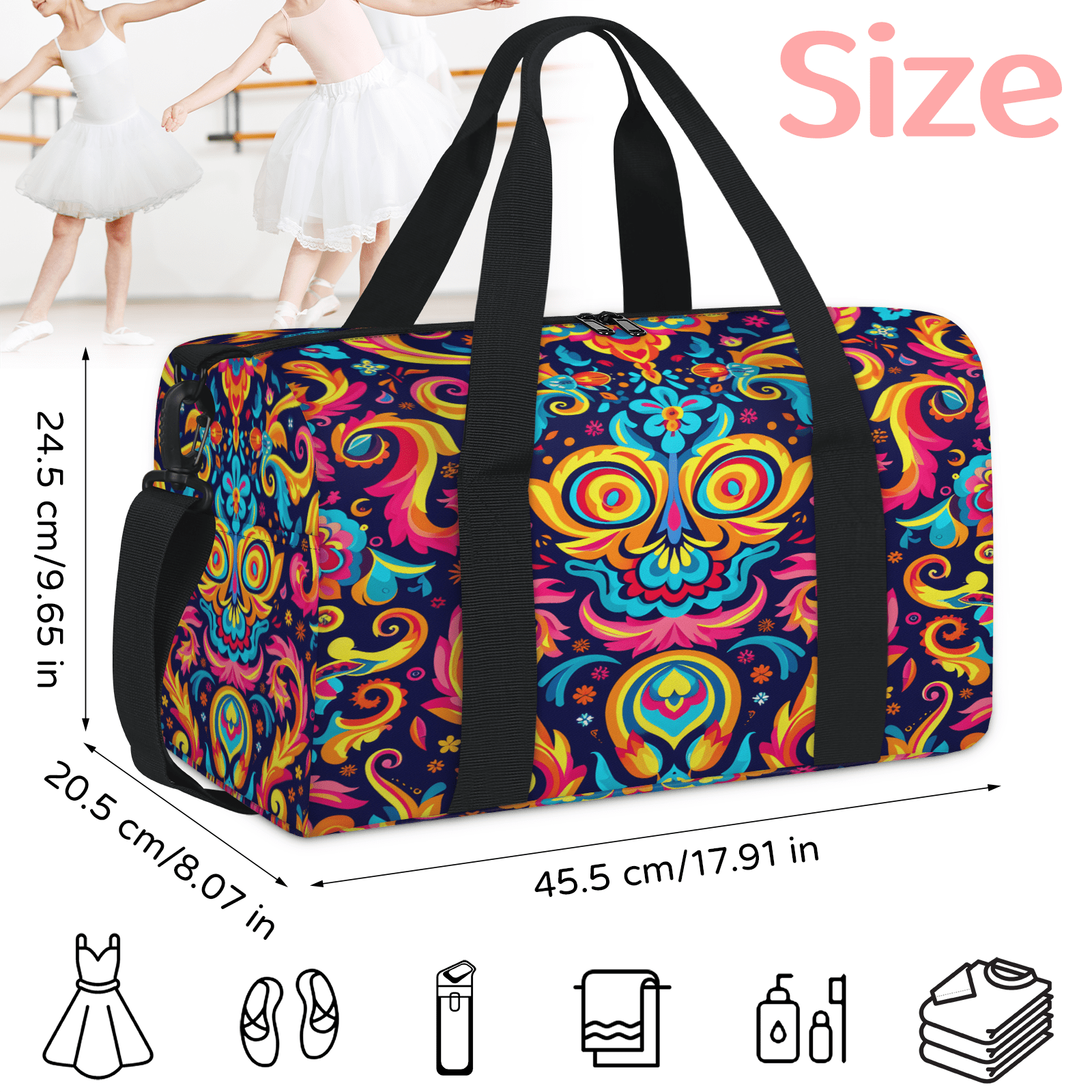 Herdesigns Ethnic Indian Gym Bag for Women, Duffle Bag for Travel Sport, Flower Lightweight Waterproof Carry on Weekender Dance Yoga Workout Bags