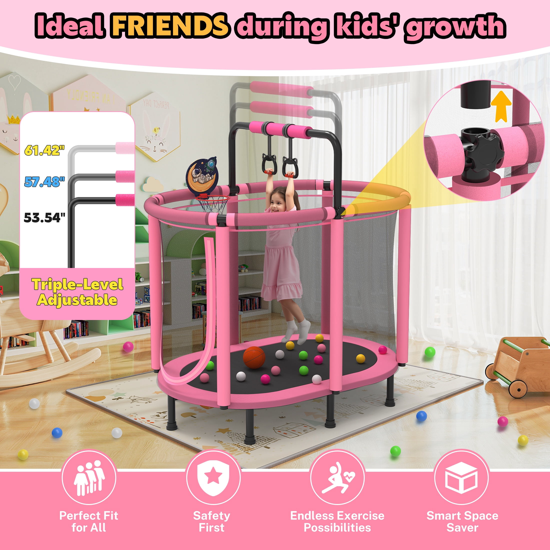60" Toddler Trampoline with Enclosure Net, Kids Trampoline with Basketball Hoop, SHINPT Indoor Trampoline for Kids, Small Trampoline with Ocean Balls, Mini Trampoline with Rings, Gift for Boys Girls