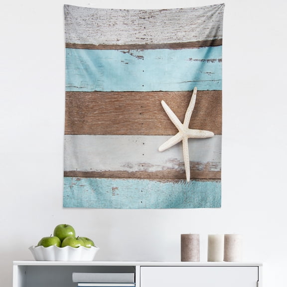 Rustic Tapestry, Nautical Design Starfish on Weathered Marine Wooden Planks Backdrop, Fabric Wall Hanging Decor for Bedroom Living Room Dorm, 5 Sizes, Cocoa Baby Blue Pale Grey, by Ambesonne