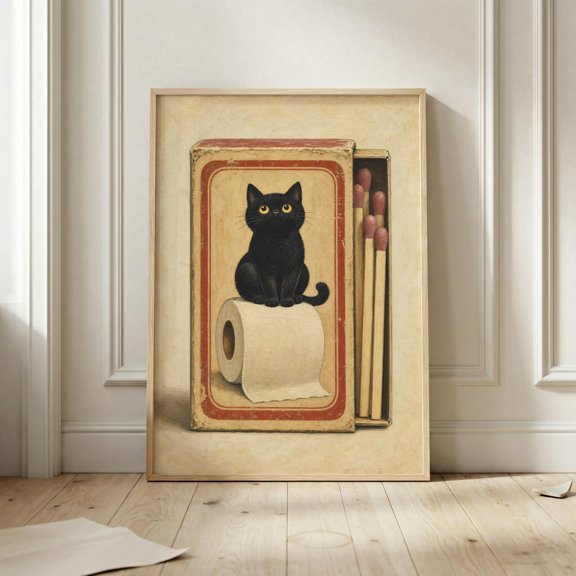 Cat Bathroom Vintage Matchbox Toilet Paper Animal Wall Art Poster