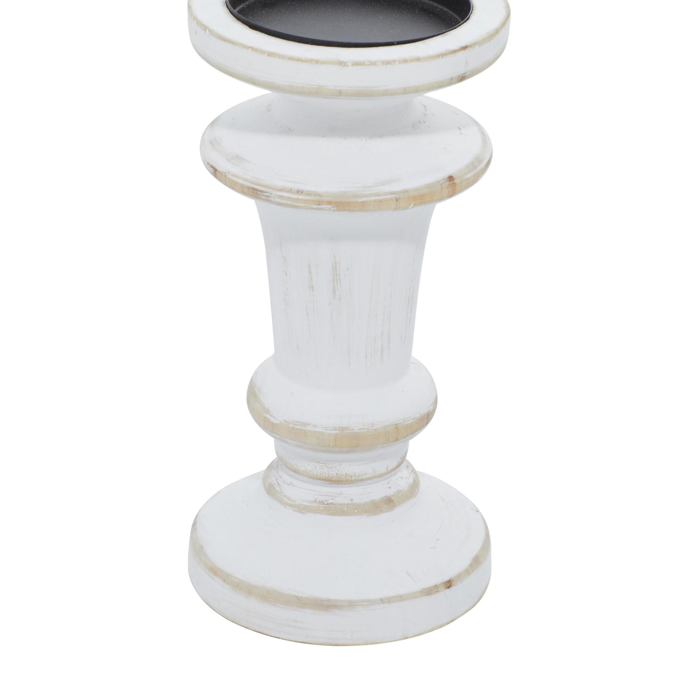 DecMode Farmhouse Wood Pillar Candle Holders, Set of 3, 8", 6", 4"H, White Distressed Finish