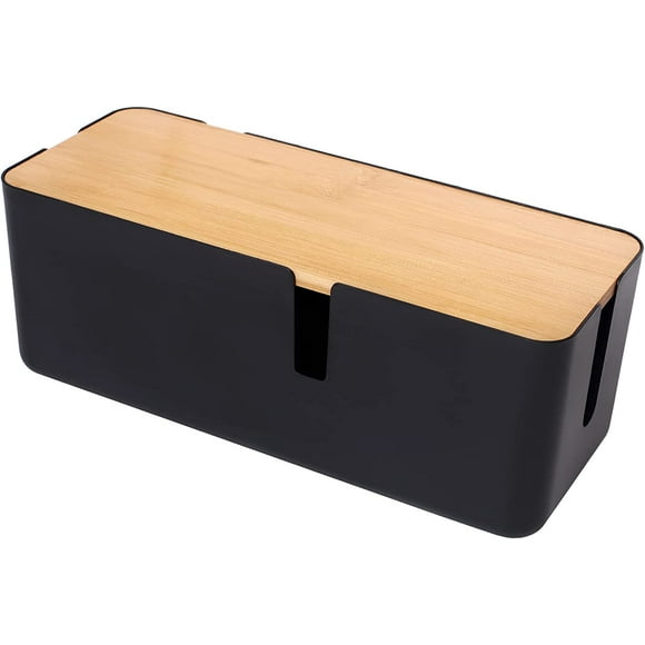 Cable Management Box with Bamboo Lid Small Cable Organizer Box for Extension Cord Power Stripe Surge Protector Wire Management Concealer Organizer Cover Hider (Black)