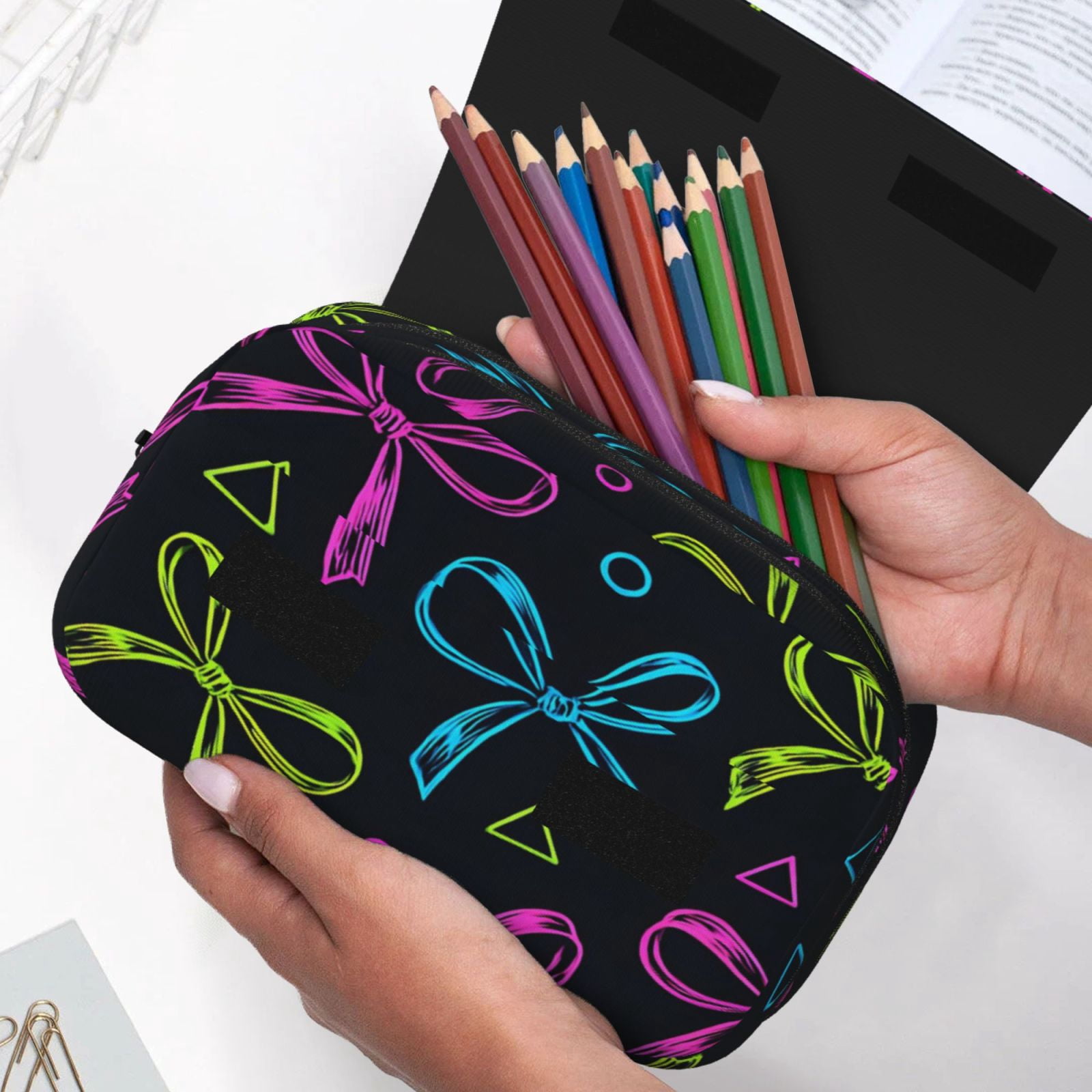 Large-Capacity Flip-Top Double-Layer Pencil Case, Multi-Functional Pocket Pen Case, Durable Stationery Organizer Bold Thin Neon Contemporary Ribbon Bow Pattern