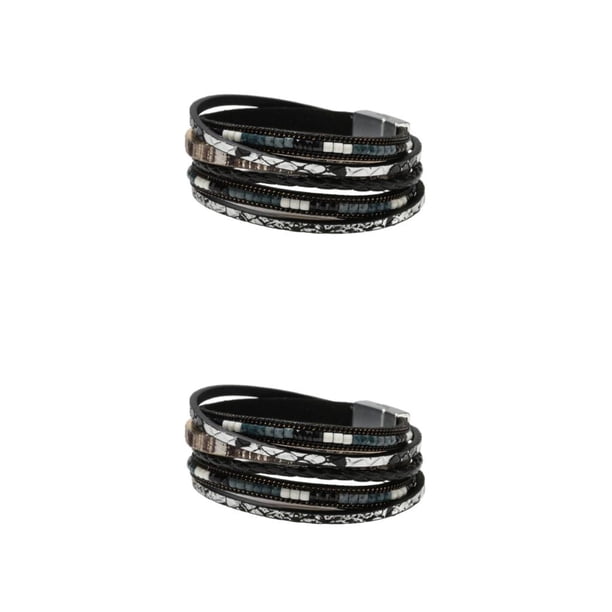 Sonducket Pulseras de cuero Vintage, de cuentas de cristal, joyería hecha a mano, cuerda tejida, broche bohemio para mujer Negro 2Conjunto
