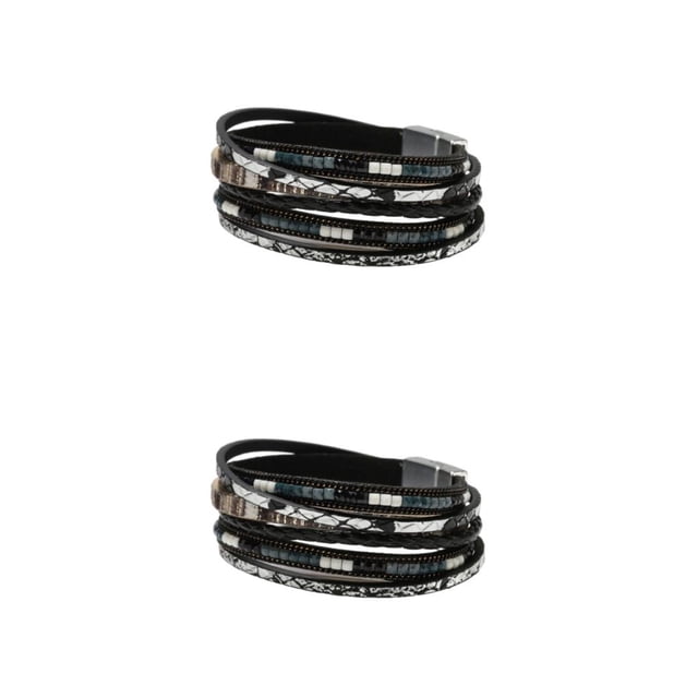 Sonducket Pulseras de cuero Vintage, de cuentas de cristal, joyería hecha a mano, cuerda tejida, broche bohemio para mujer Negro 2Conjunto