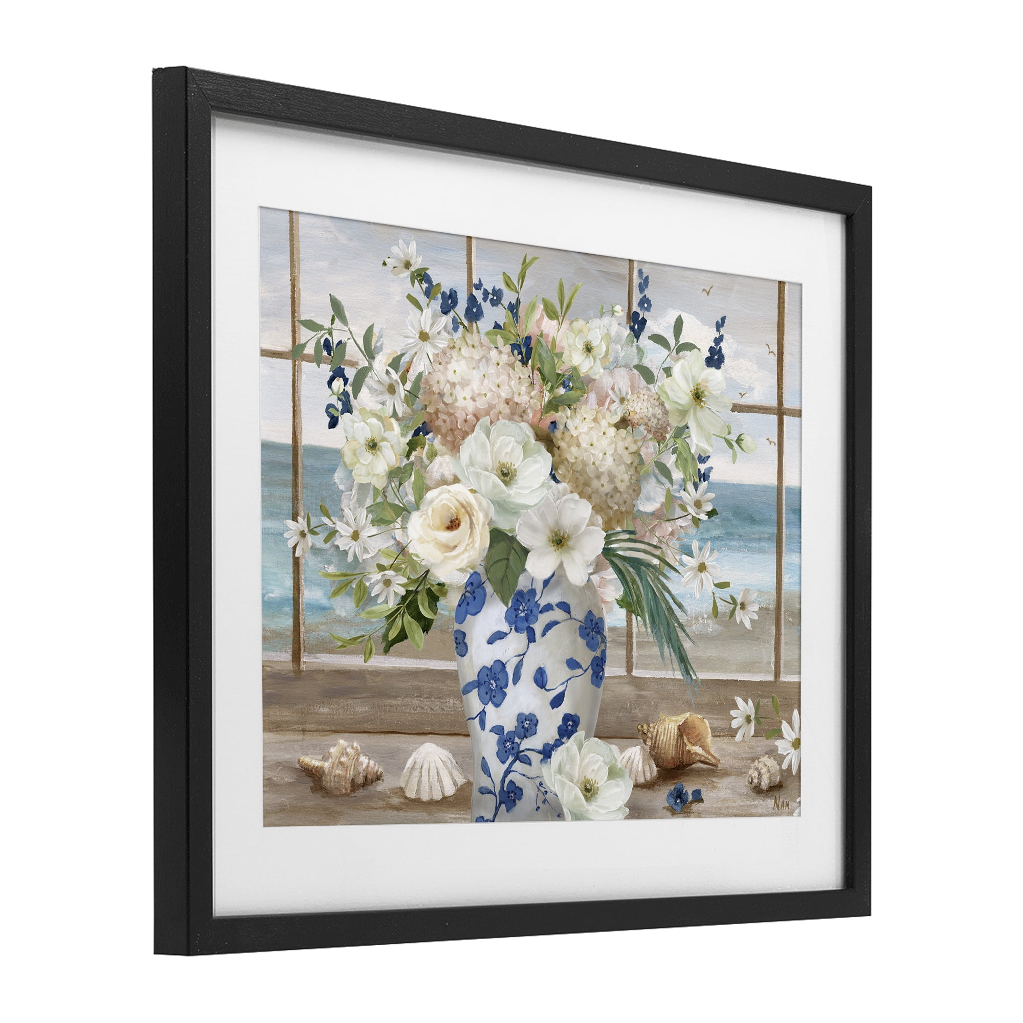 Stupell Industries Seashells & Flowers Windowsill Black Framed Print Under Glass, design by Nan