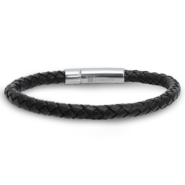 Mens Black Leather Bracelet Engraved - Fathers Day Gift 7.5 Inches