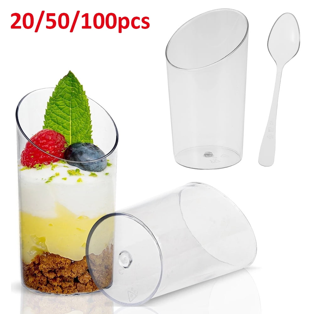 HOTBEST 20/50/100 Pieces Dessert Cups Spoons Disposable Slanted Plastic